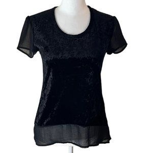 Ginger Jar Black Velvety Top with Sheer Sleeves and Hemline.  Size Small